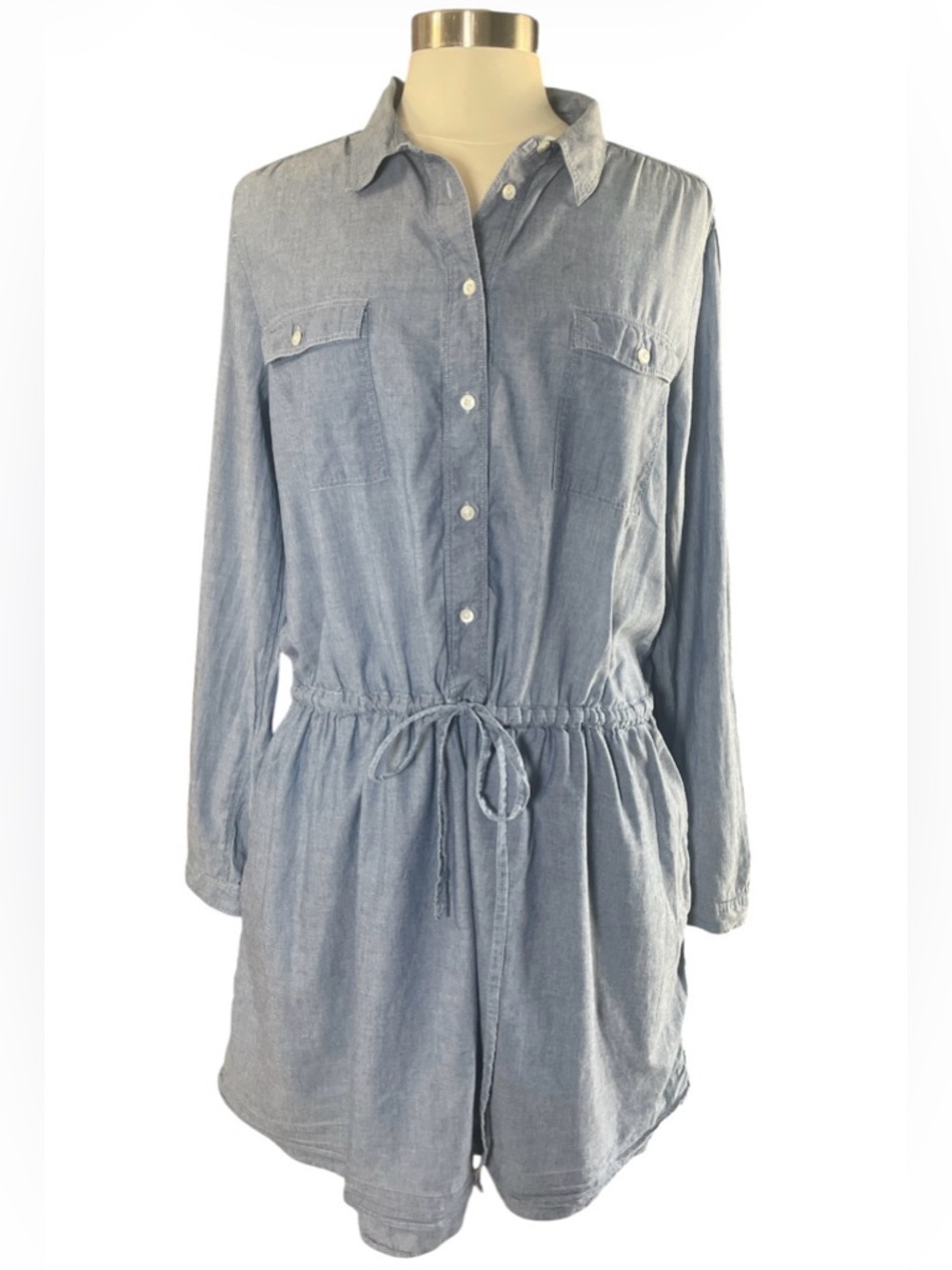 Cotton Lightweight Button Down Dress with Drawstring Waist
